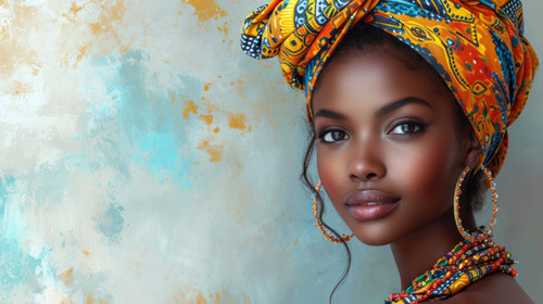 illustration on white background of a African young woman wearing african turban with a happy and co.jpg