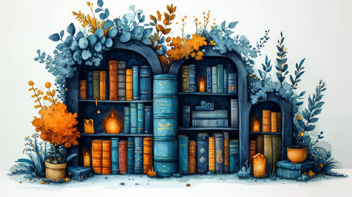 whimsical illistration of A magical library with books that tell stories on their ownperfect book il.jpg