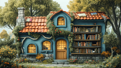 whimsical illistration of A magical library with books that tell stories on their ownperfect book il.jpg
