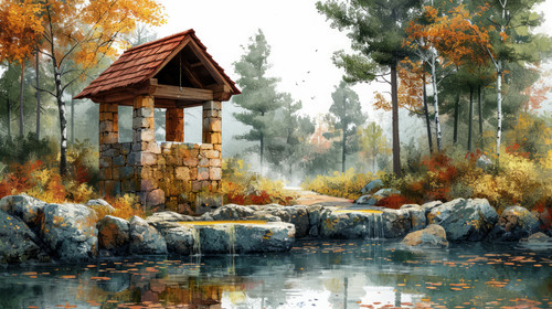 whimsical illistration of A magical wishing well in a peaceful woodlandperfect book illustration on .jpg