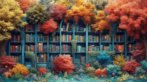 whimsical illistration of A magical library with books that tell stories on their ownperfect book il.jpg