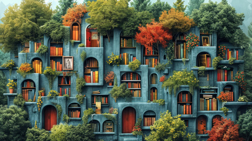 whimsical illistration of A magical library with books that tell stories on their ownperfect book il.jpg