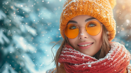 illustration on white background of a A portrait of a happy woman with fun sun glasses on a cold and.jpg