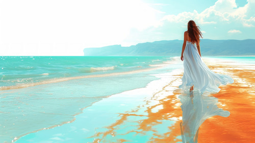 illustration on white background of a A slender woman with long hair in a beach dress from the back .jpg