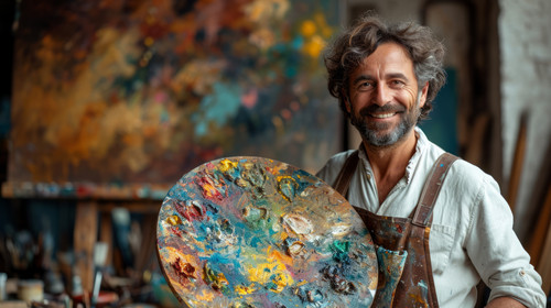 illustration on white background of a A painter seems very happy as he is smiling joyfully while hol.jpg