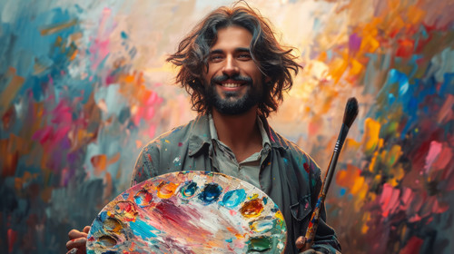 illustration on white background of a A painter seems very happy as he is smiling joyfully while hol.jpg