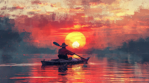 illustration on white background of a A senior man in a kayak navigating through serene waters durin.jpg