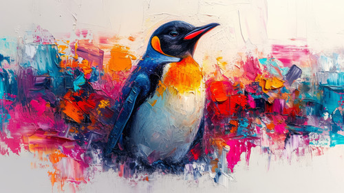 illustration on white background of a A Pop Art Acrylic Style Painting of a Penguin with Vibrant Col.jpg