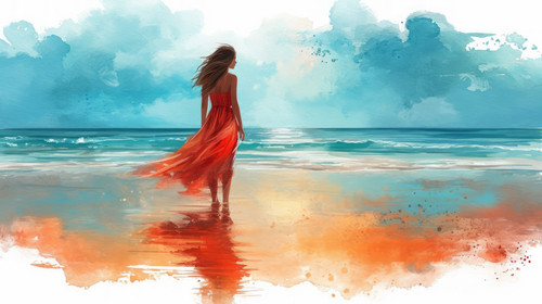 illustration on white background of a A slender woman with long hair in a beach dress from the back .jpg