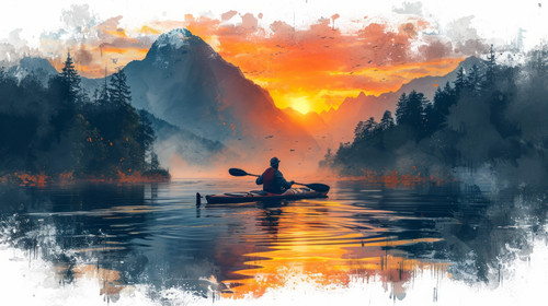 illustration on white background of a A senior man in a kayak navigating through serene waters durin.jpg