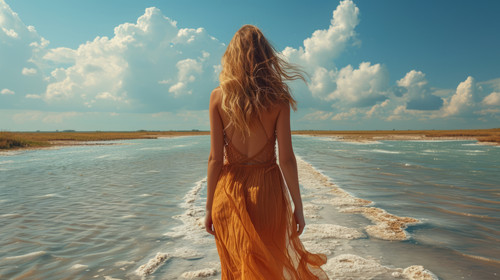 illustration on white background of a A slender woman with long hair in a beach dress from the back .jpg