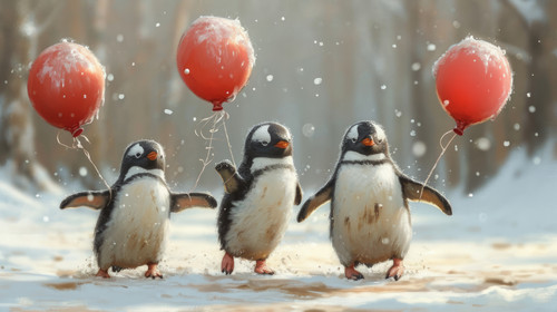 whimsical illistration of A group of penguins learning how to fly with the help of balloonsperfect b.jpg