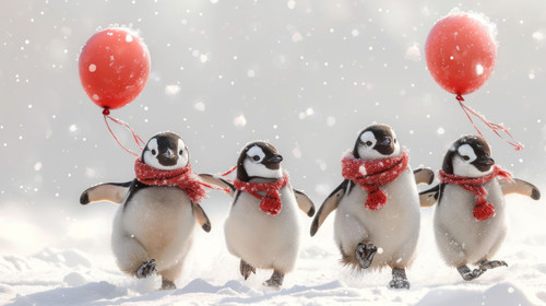 whimsical illistration of A group of penguins learning how to fly with the help of balloonsperfect b.jpg