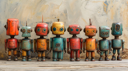 whimsical illistration of A group of robots having a talent show with cool tricksperfect book illust.jpg