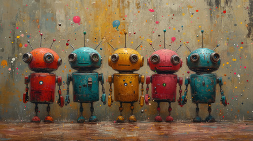 whimsical illistration of A group of robots having a talent show with cool tricksperfect book illust.jpg