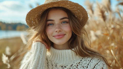 illustration on white background of a A thirtyyearold woman in a white sweater takes off her hat whi.jpg
