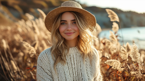 illustration on white background of a A thirtyyearold woman in a white sweater takes off her hat whi.jpg