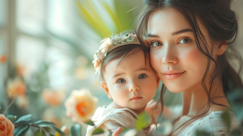 illustration on white background of a A stylish woman with a baby in her arms A baby in his mothers .jpg