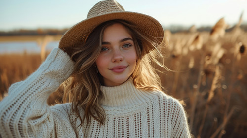 illustration on white background of a A thirtyyearold woman in a white sweater takes off her hat whi.jpg