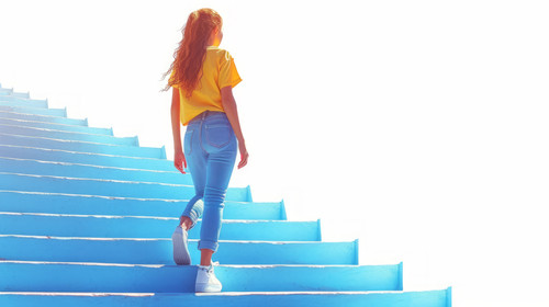 illustration on white background of a A teenage girl stumbles down the stairs She is wearing a yello.jpg