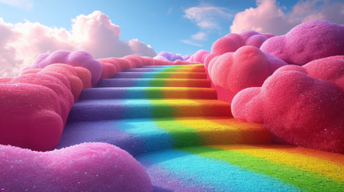 whimsical illistration of A rainbow slide leading to a land of candy cloudsperfect book illustration.jpg