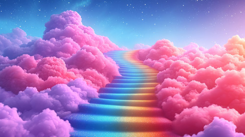 whimsical illistration of A rainbow slide leading to a land of candy cloudsperfect book illustration.jpg