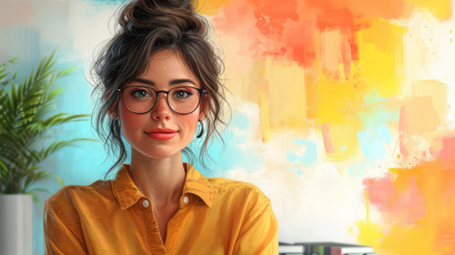 illustration on white background of a Animation of shapes over caucasian businesswoman in office ar .jpg