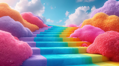 whimsical illistration of A rainbow slide leading to a land of candy cloudsperfect book illustration.jpg
