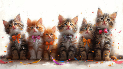 whimsical illistration of A group of kittens having a fashion show with bows and ribbonsperfect book.jpg