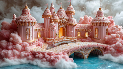 whimsical illistration of A magical bridge made of candy leading to a chocolate castleperfect book i.jpg