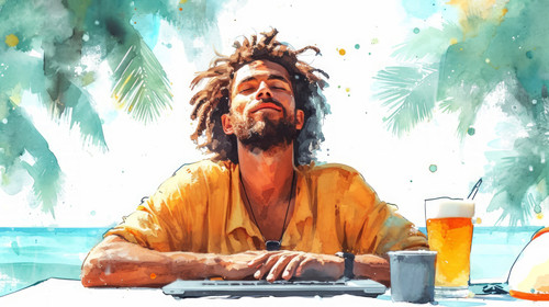 illustration on white background of a A young man is watching laptop content in the office while dri.jpg