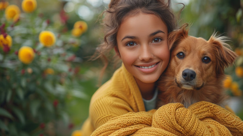 illustration on white background of a A young Hispanic woman is hugging her dog in the garden while .jpg