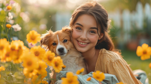 illustration on white background of a A young Hispanic woman is hugging her dog in the garden while .jpg