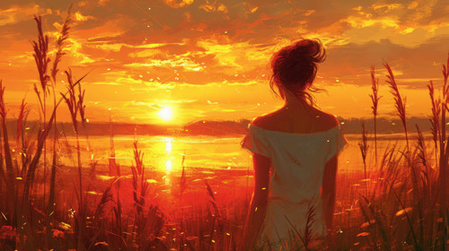 illustration on white background of a A young woman is admiring the sunset over a river in a summer .jpg