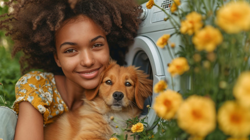 illustration on white background of a A young Hispanic woman is hugging her dog in the garden while .jpg
