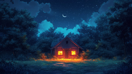 illustration on white background of a A traditional house abandoned cabin or hut in the woods at nig.jpg