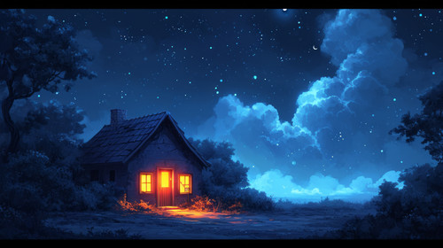 illustration on white background of a A traditional house abandoned cabin or hut in the woods at nig.jpg