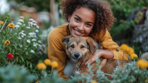 illustration on white background of a A young Hispanic woman is hugging her dog in the garden while .jpg