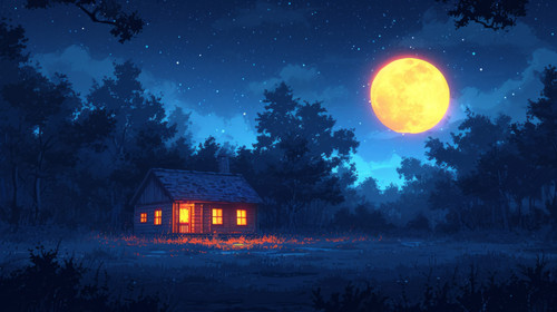 illustration on white background of a A traditional house abandoned cabin or hut in the woods at nig.jpg