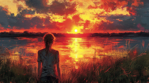 illustration on white background of a A young woman is admiring the sunset over a river in a summer .jpg