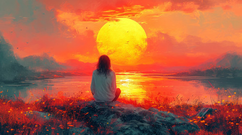 illustration on white background of a A young woman is admiring the sunset over a river in a summer .jpg