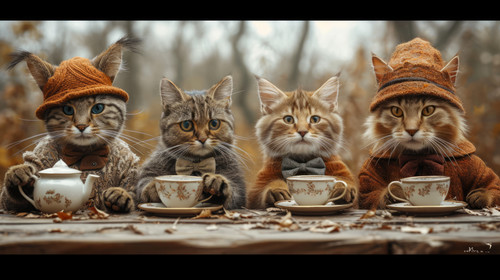 whimsical illistration of A whimsical tea party with animals wearing hats and bow tiesperfect book i.jpg