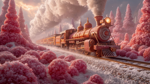 whimsical illistration of A train made of candy traveling through a candy cane forestperfect book il.jpg