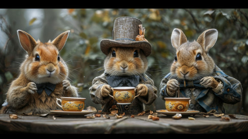 whimsical illistration of A whimsical tea party with animals wearing hats and bow tiesperfect book i.jpg