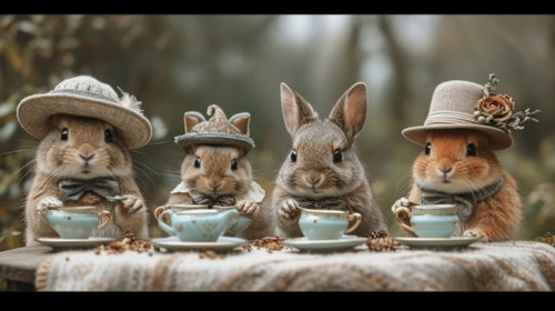 whimsical illistration of A whimsical tea party with animals wearing hats and bow tiesperfect book i.jpg