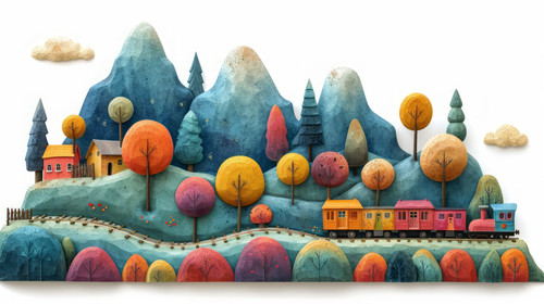 whimsical illistration of A rainbow train traveling through a land of dreamsperfect book illustratio.jpg