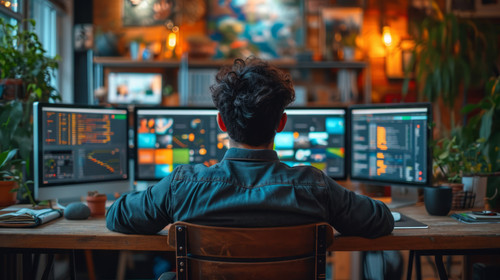 illustration on white background of a Back View Of Tired Asian Man Yawning While Working With Mock U.jpg