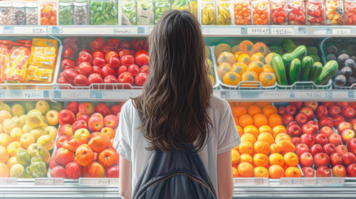 illustration on white background of a Back view of the woman in the grocery store ar 169 00153 02.jpg