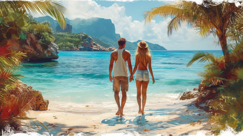 illustration on white background of a Beach love and support with a couple holding hands on a walk r.jpg
