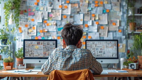 illustration on white background of a Back View Of Tired Asian Man Yawning While Working With Mock U.jpg